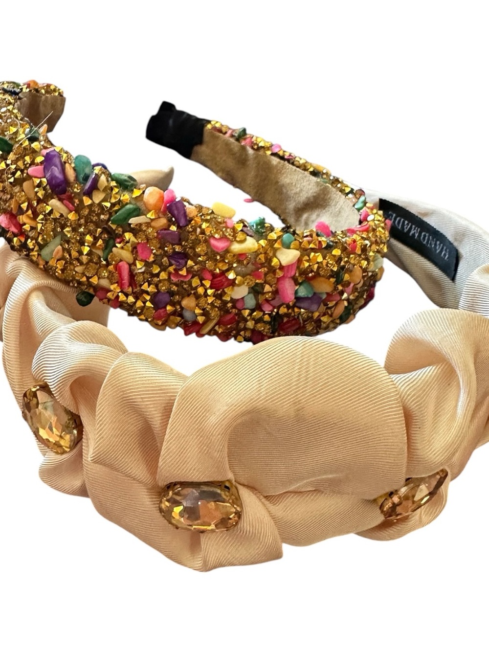 Embellished Beige Satin Headband with Gold & Multicolor Gem Accents set of 2